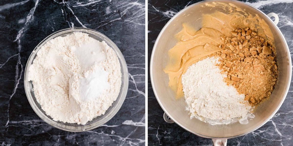 Flour and baking soda mixed in a bowl and added to wet ingredients with graham cracker crumbs.