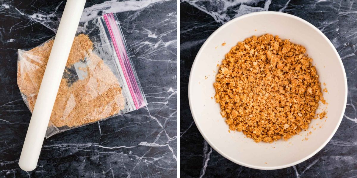 Crushing graham crackers in a bag with a rolling pin and then add to a bowl with melted butter and combined.