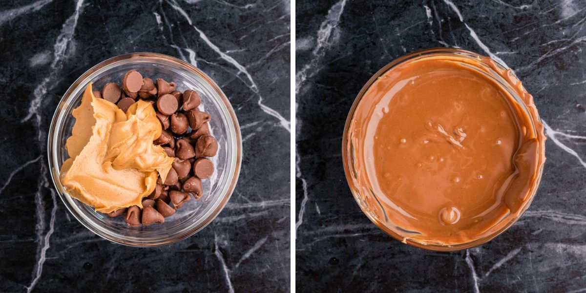 Peanut butter and chocolate chips added to a bowl and then melted.