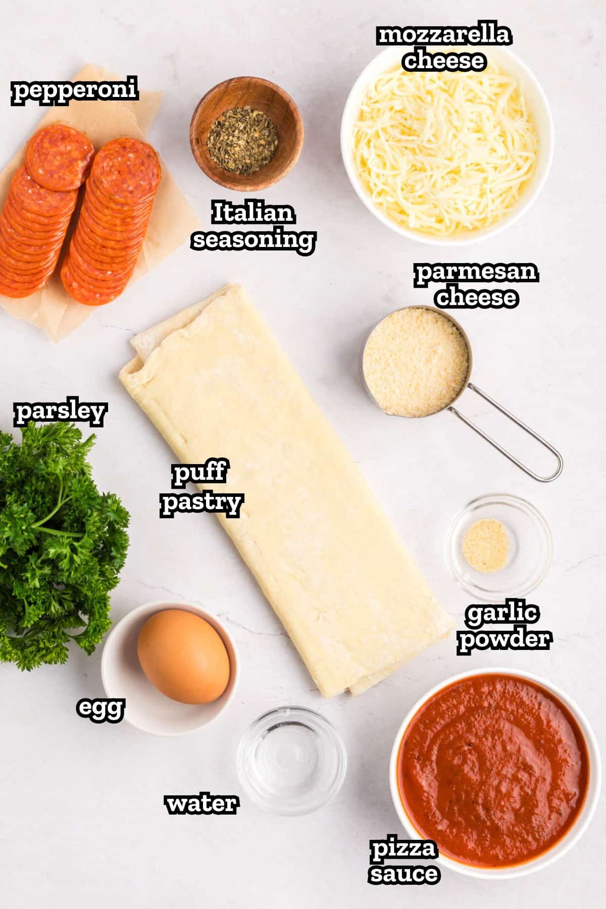 Labeled ingredients needed for pepperoni pinwheels.