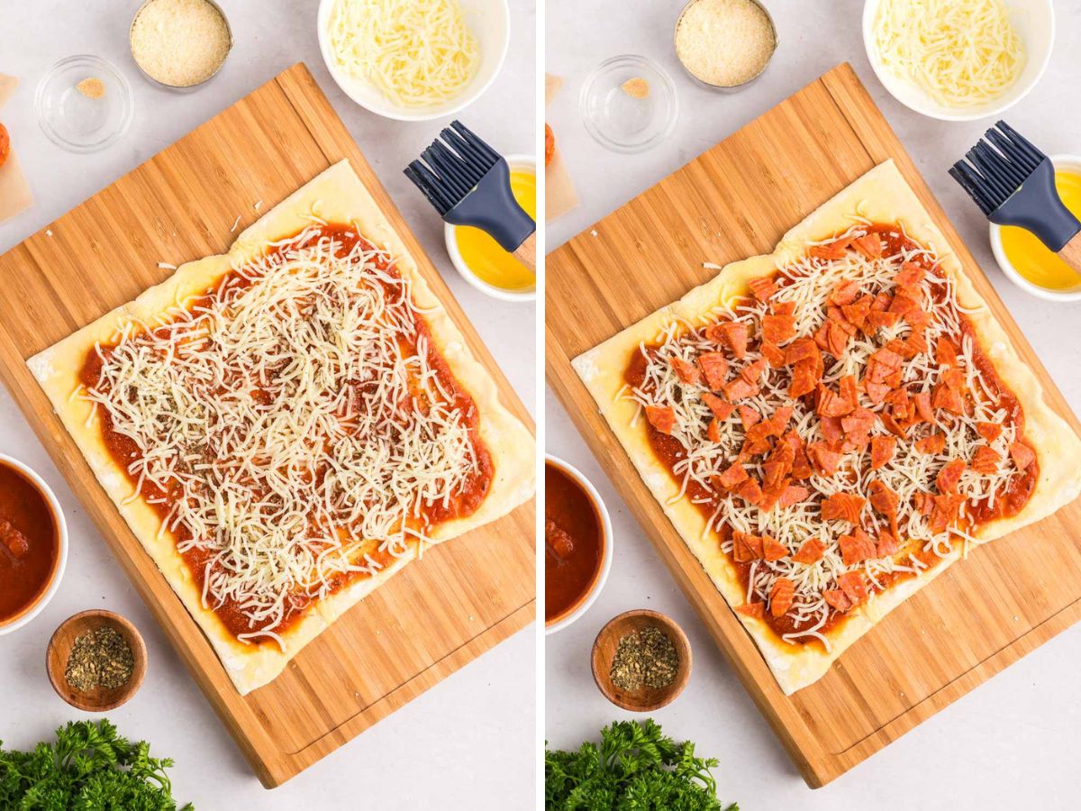 Adding cheese seasoning and pepperoni chunks to the puff pastry dough.