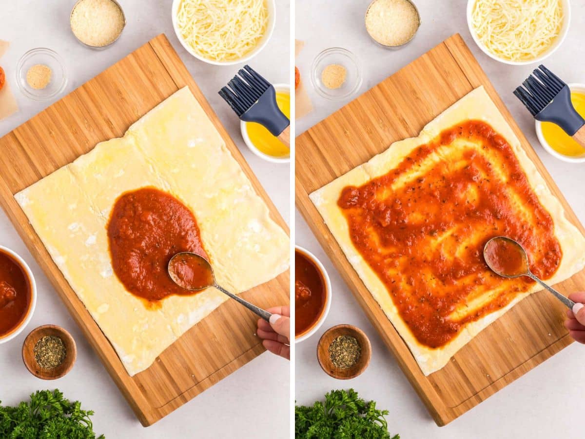 Spooning pizza sauce over puff pastry, and spreading out to 1/4 inch of the edges.