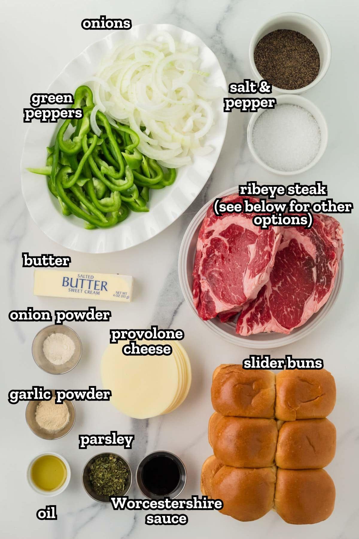 A labeled image of ingredients needed to make Philly cheesesteak sliders.