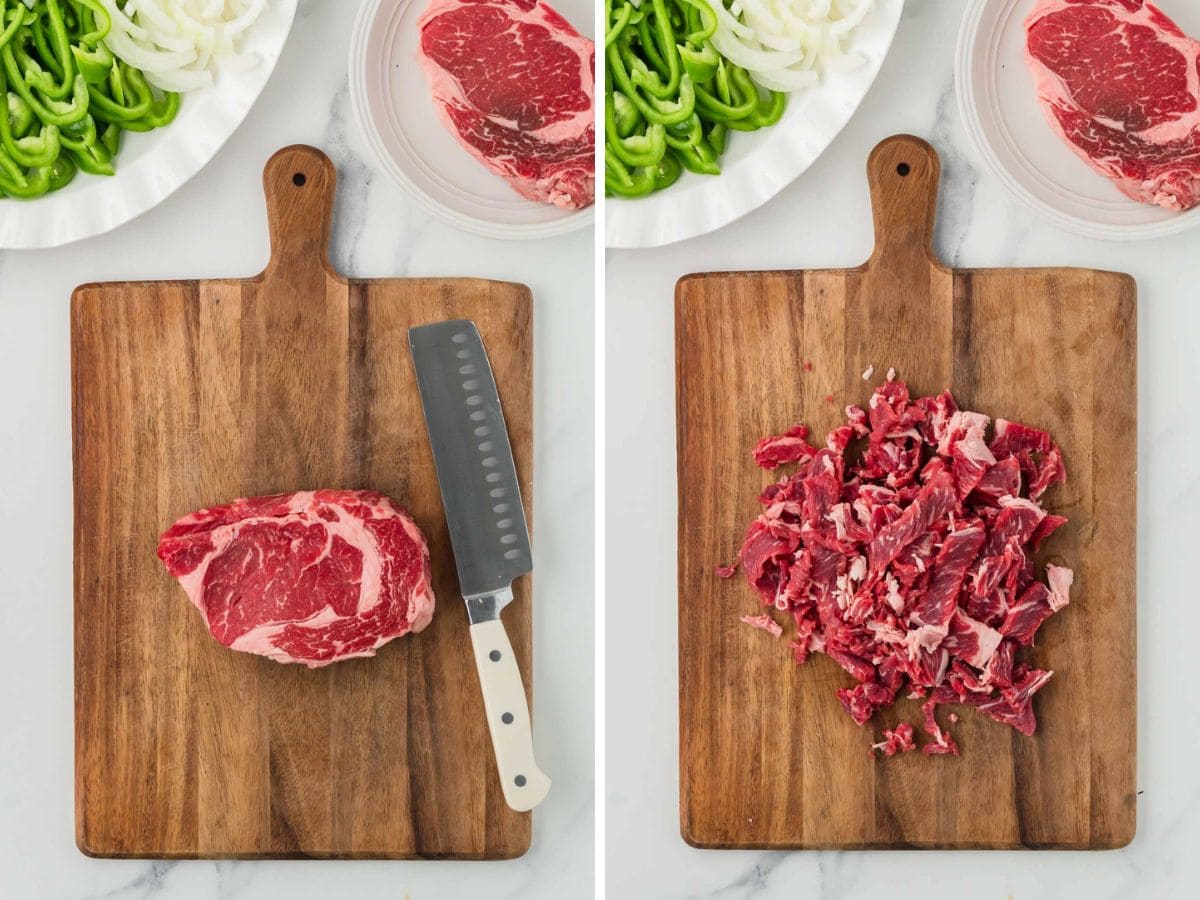 A ribeye steak on a wooden cutting board and then the steak sliced thinly.