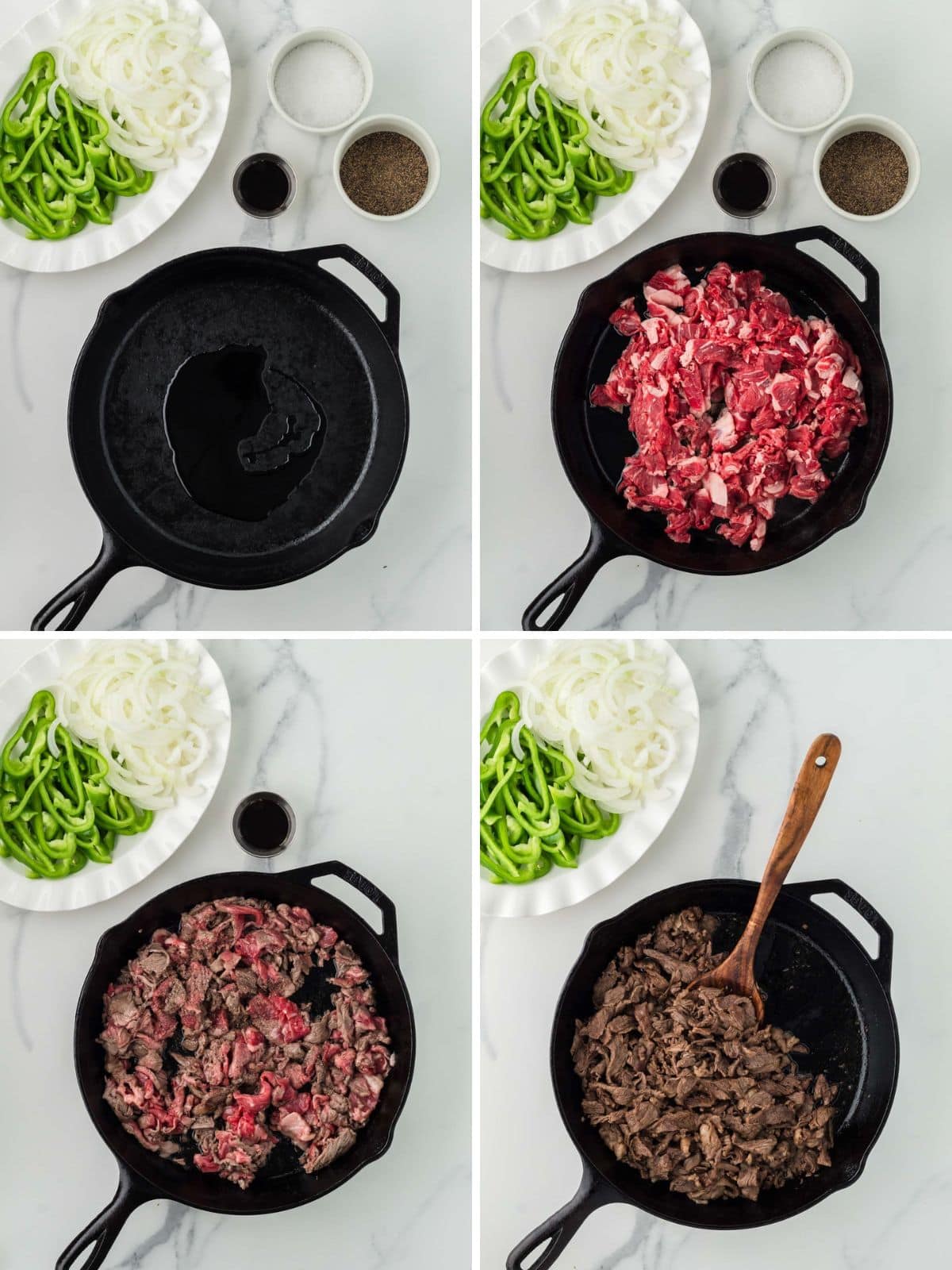 A black cast-iron skillet with thin, sliced ribeye being cooked.