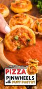 Pizza Pinwheels with puff pastry shown with a hand dipping a pinwheel into sauce.