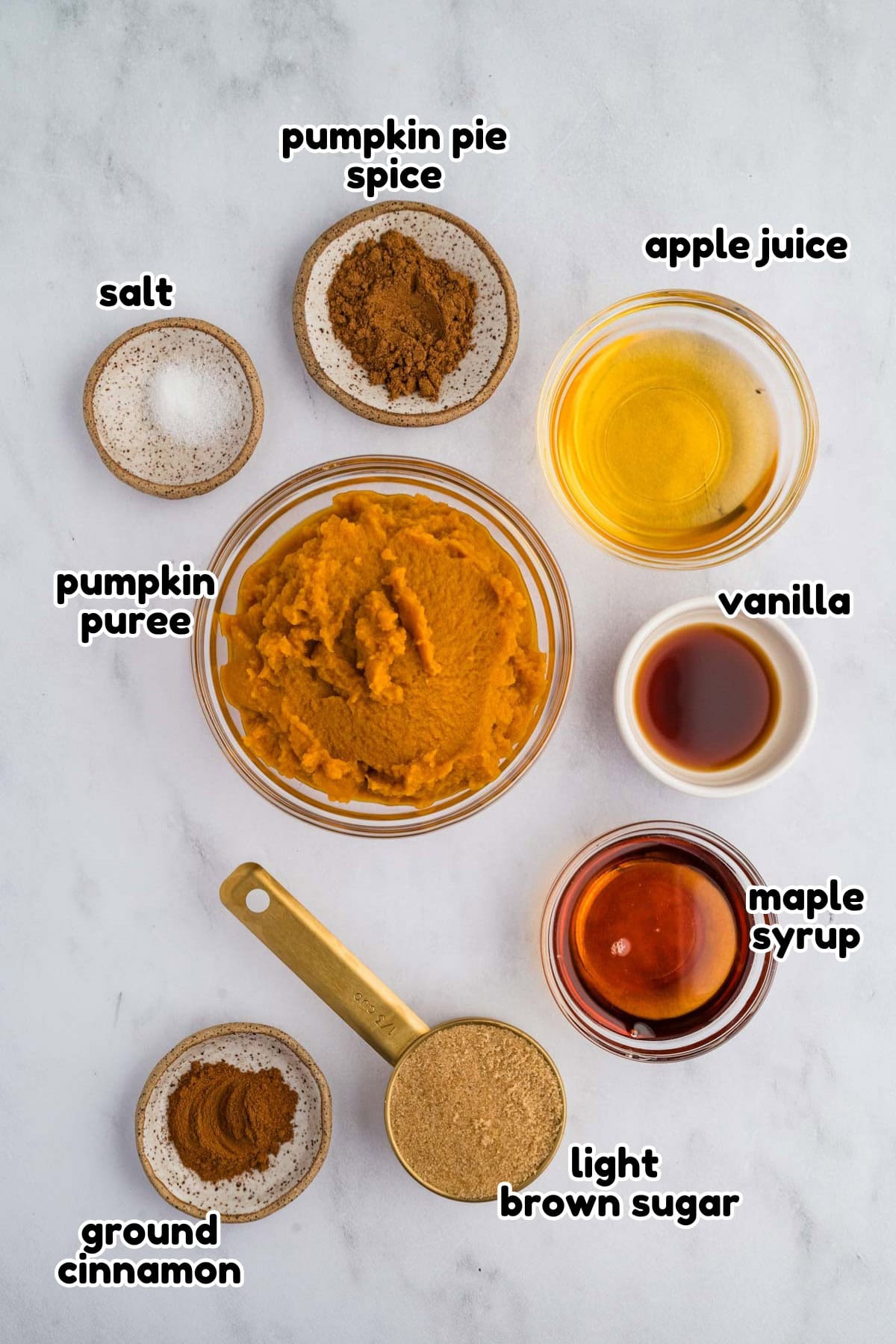 A labeled image of all the ingredients needed to make easy pumpkin butter.