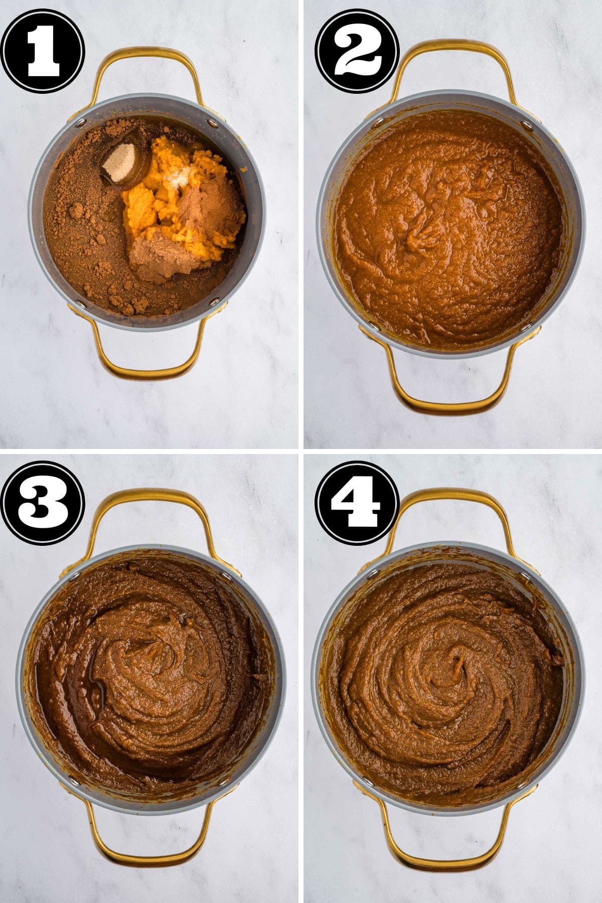 A four collage image showing steps to make pumpkin butter; adding ingredients into saucepan and the consistency throughout thickening.