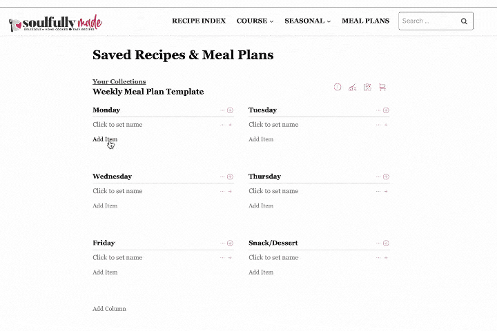 A gif showing how to add a recipe from a collection to a blank template..