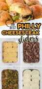 A two image collage of the best Philly Cheesesteak Slider, with the bottom image process shots.s