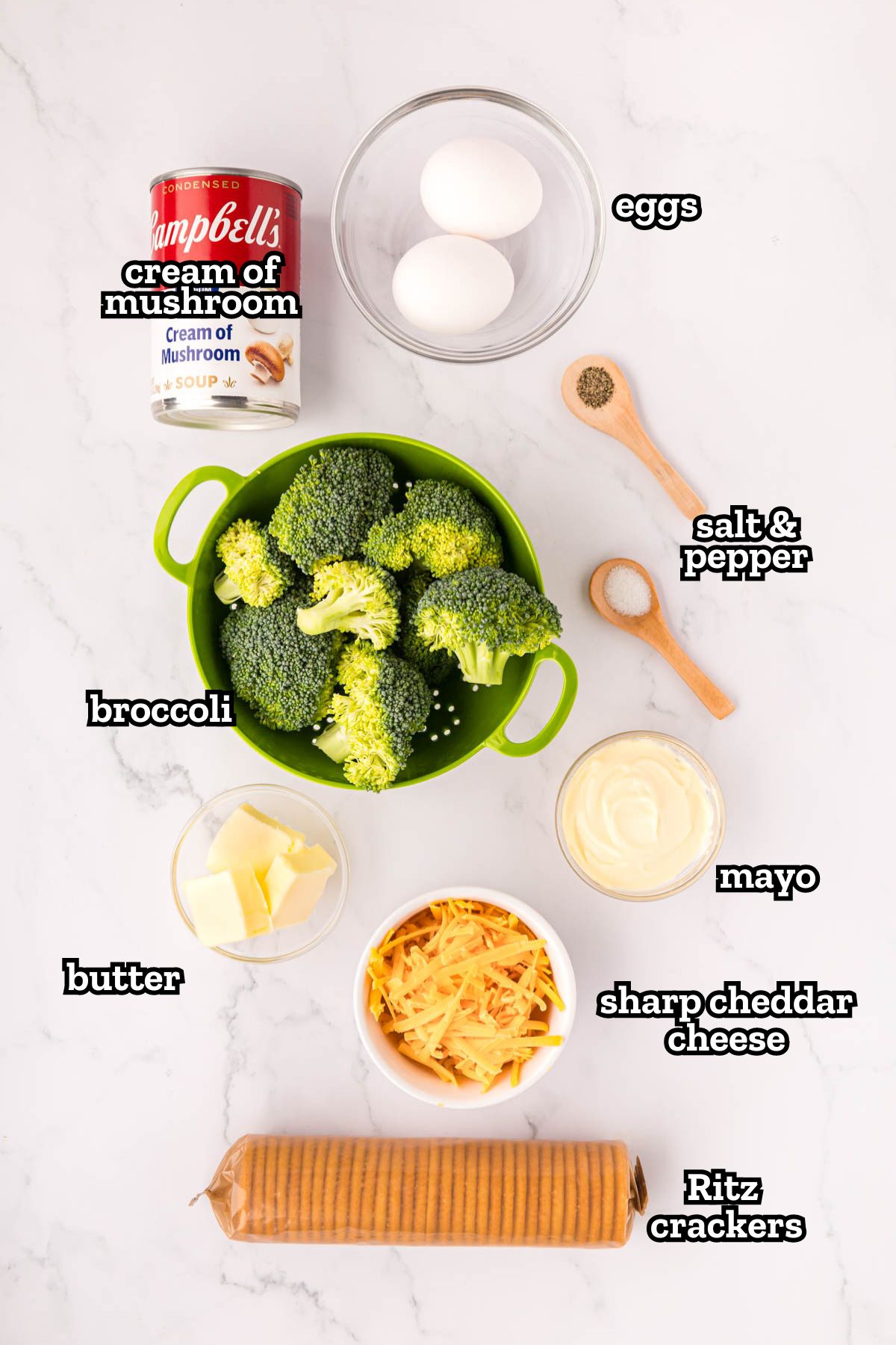 Labeled ingredients needed to make southern broccoli casserole.