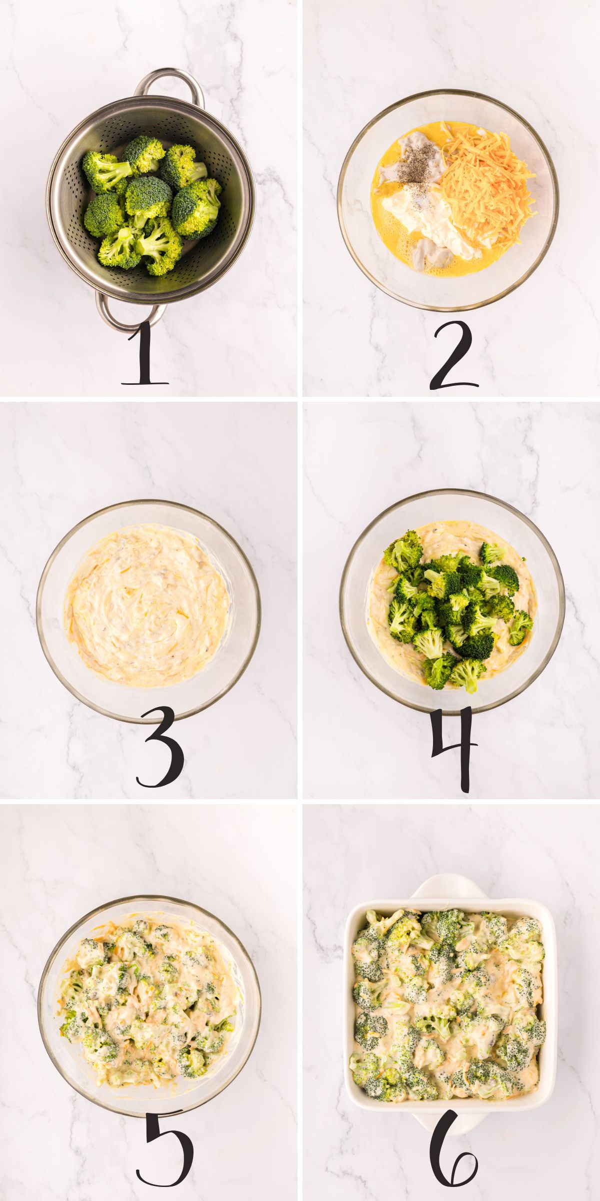 A numbered collage image showing steps to make broccoli casserole filling.