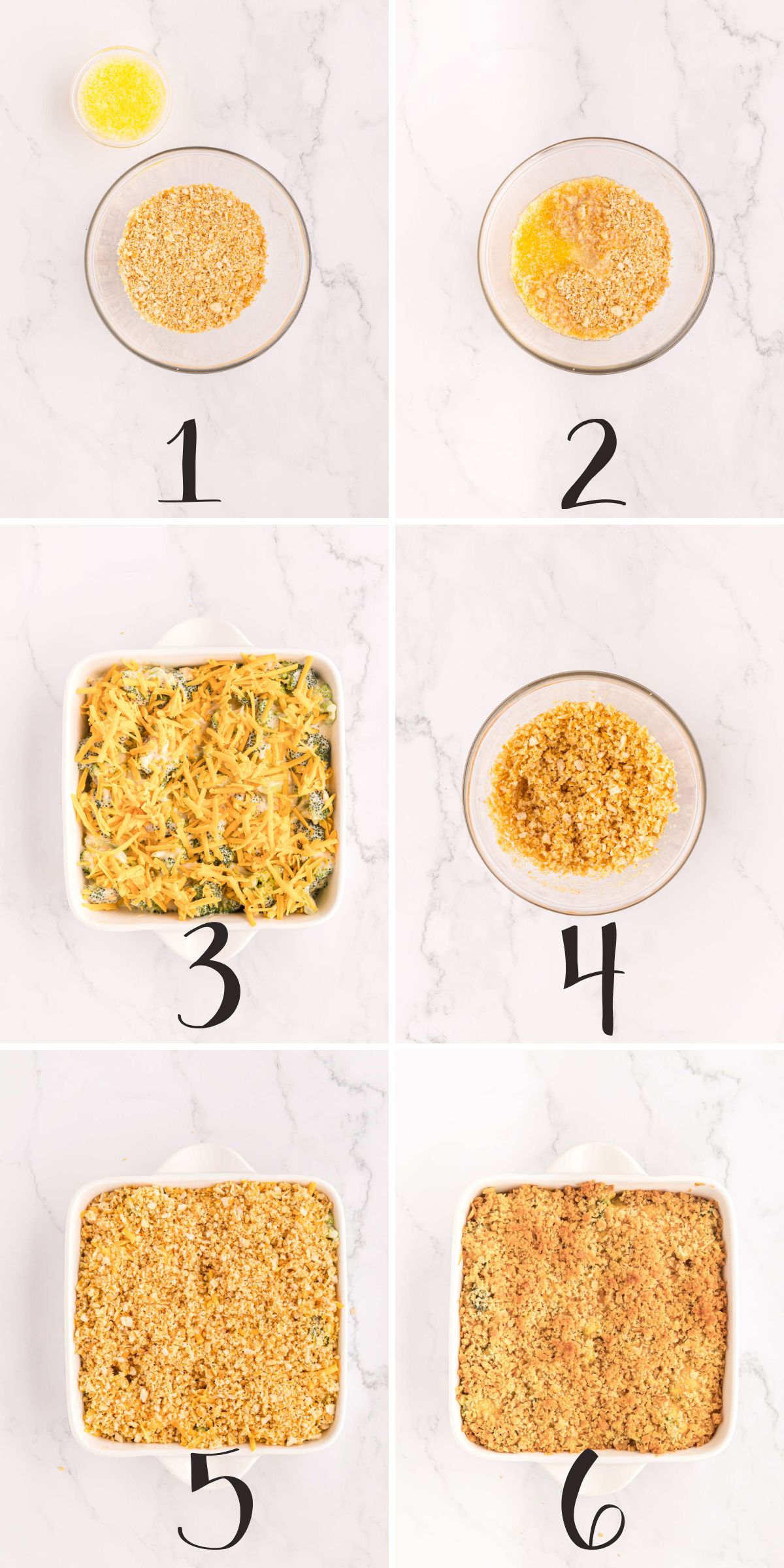 A numbered collage image showing steps to make broccoli casserole topping.