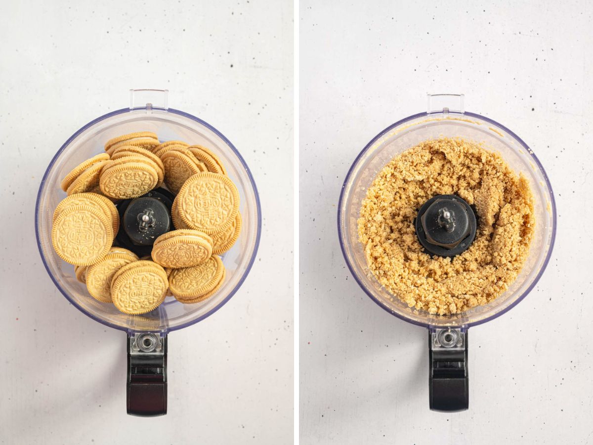 Side by side photos of oreos in a food processor before and after blending.