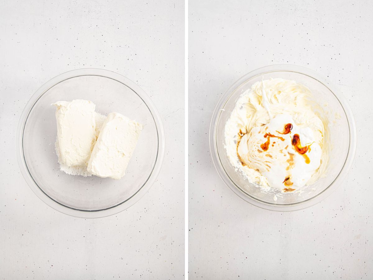 Side by side photos of cream cheese and powdered sugar in a bowl before and after blending. 