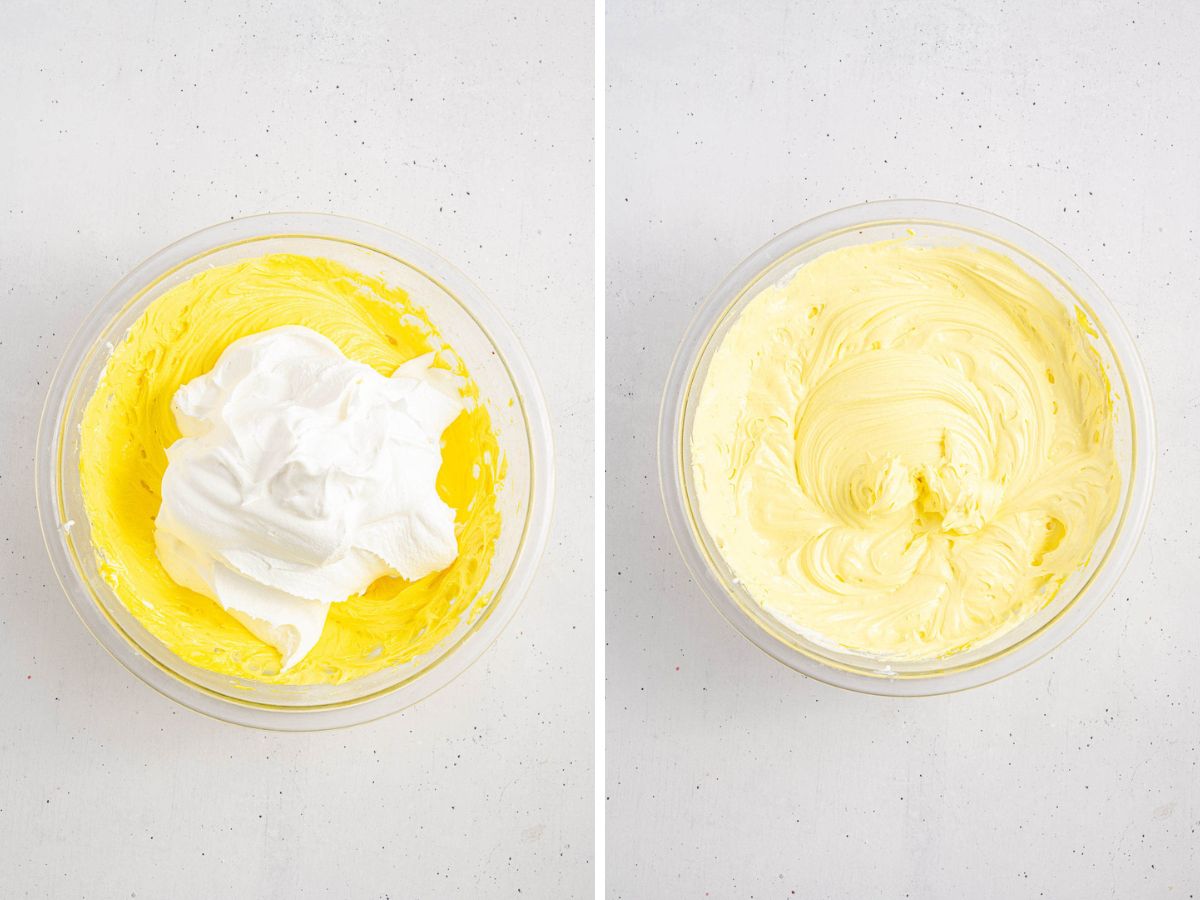 Yellow cheesecake filling before and after being combined with a whipped topping. 