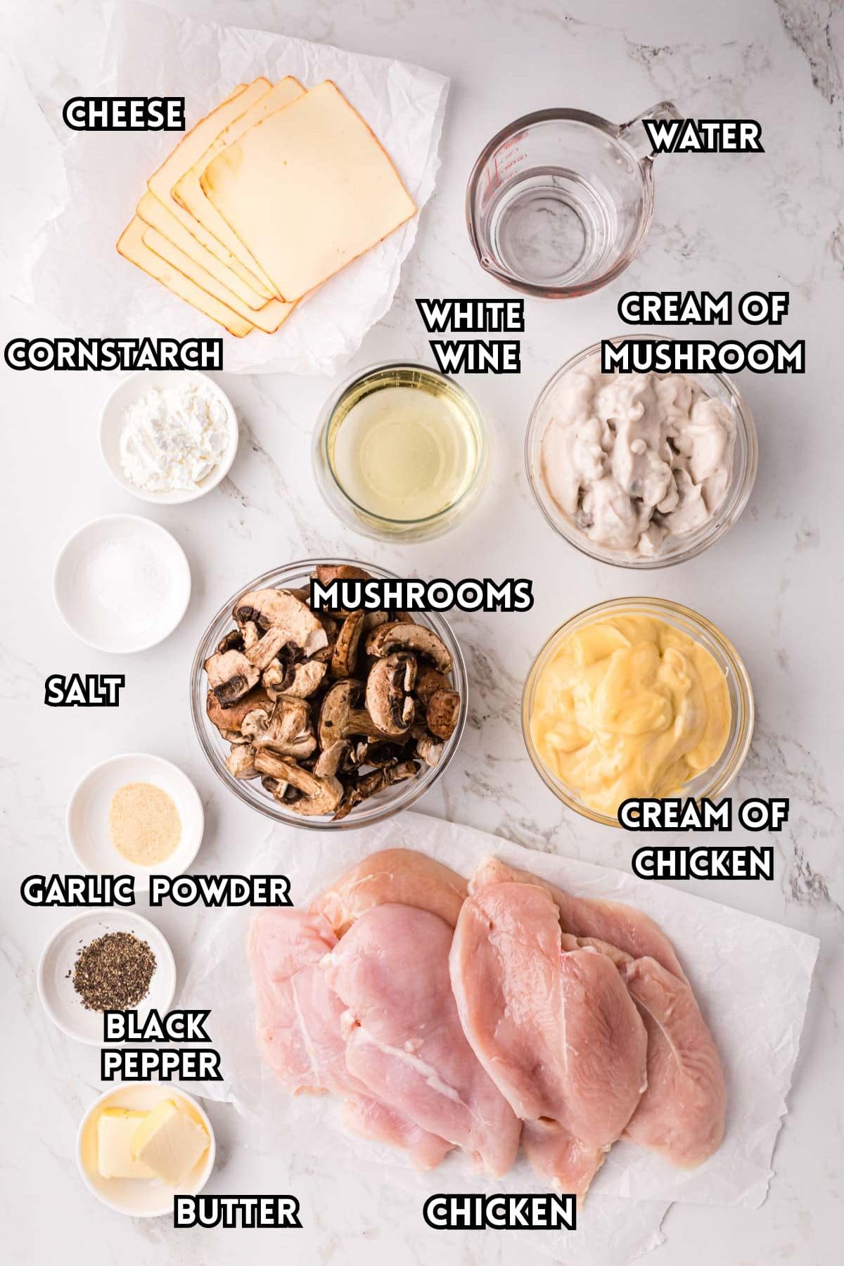 A labeled image with ingredients needed to make slow cooker cheesy mushroom chicken.