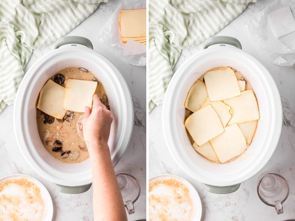 Adding cheese to the slow cooker mushroom chicken mixture.