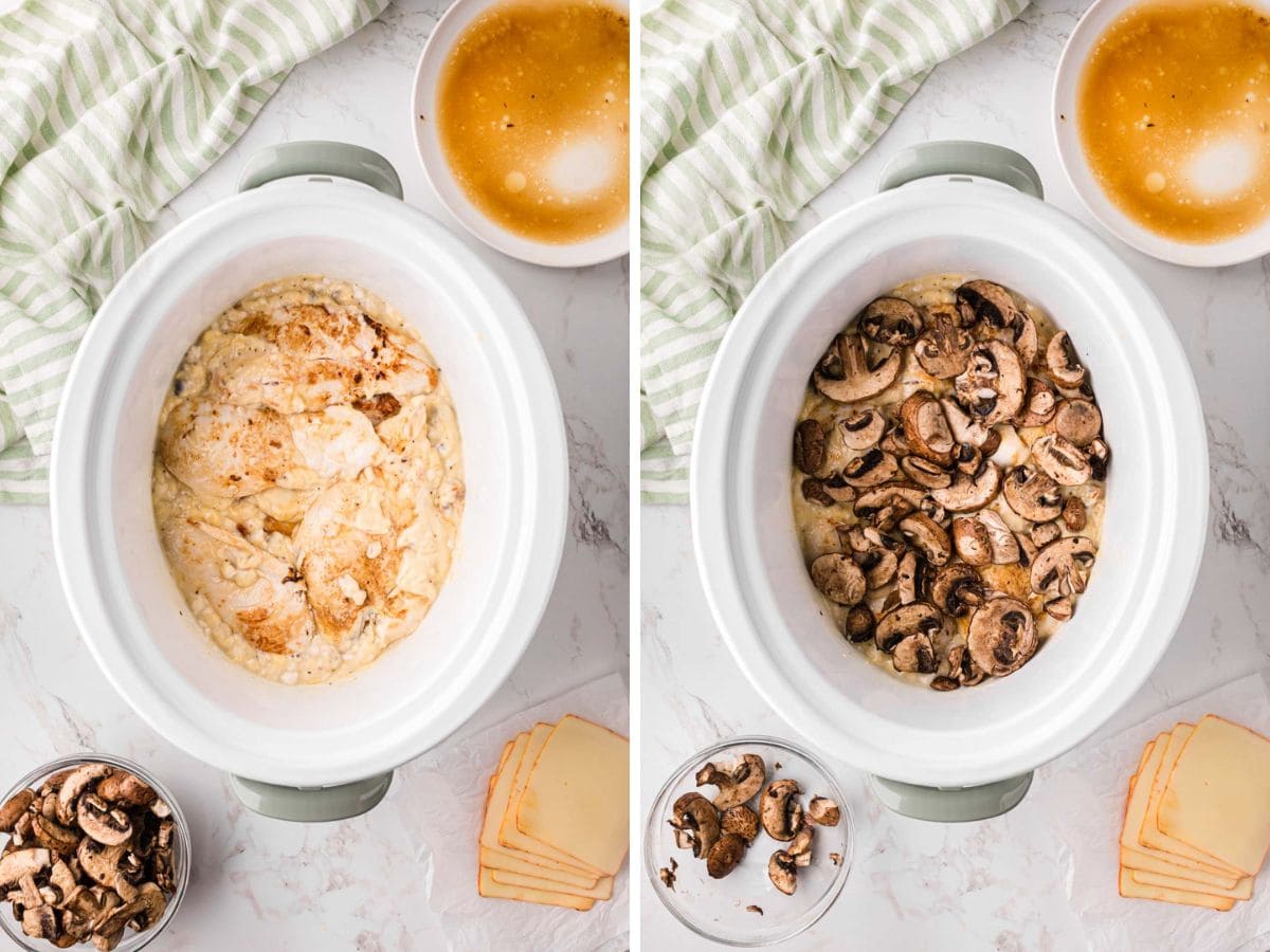 Image collage showing chicken and sauce in the bottom of the slow cooker and then mushrooms poured on top.