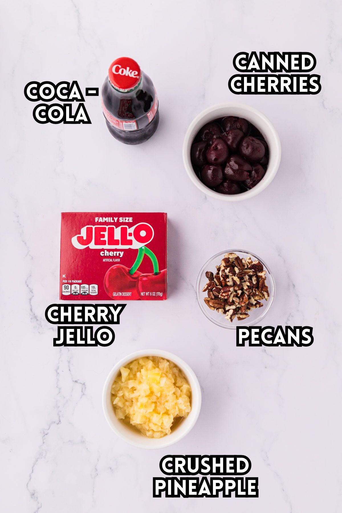 Labeled ingredient image of items needed to make cherry cola jello salad.