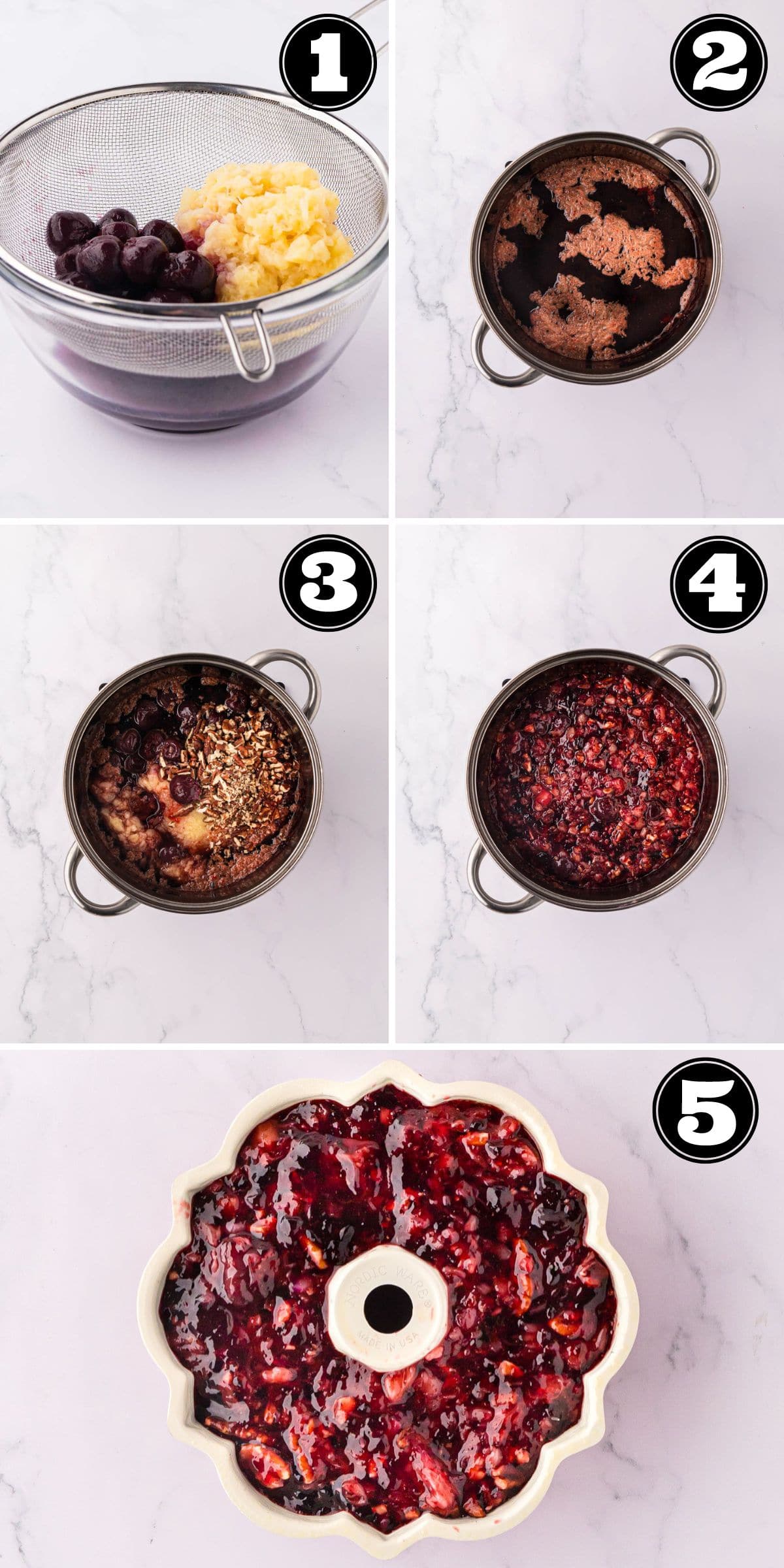 A collage image showing steps to make cherry coke jello salad.