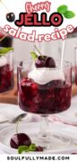 CHerry Jello Salad recipe image of a dessert dish filled with the salad and topped with whipped cream and garnishes.