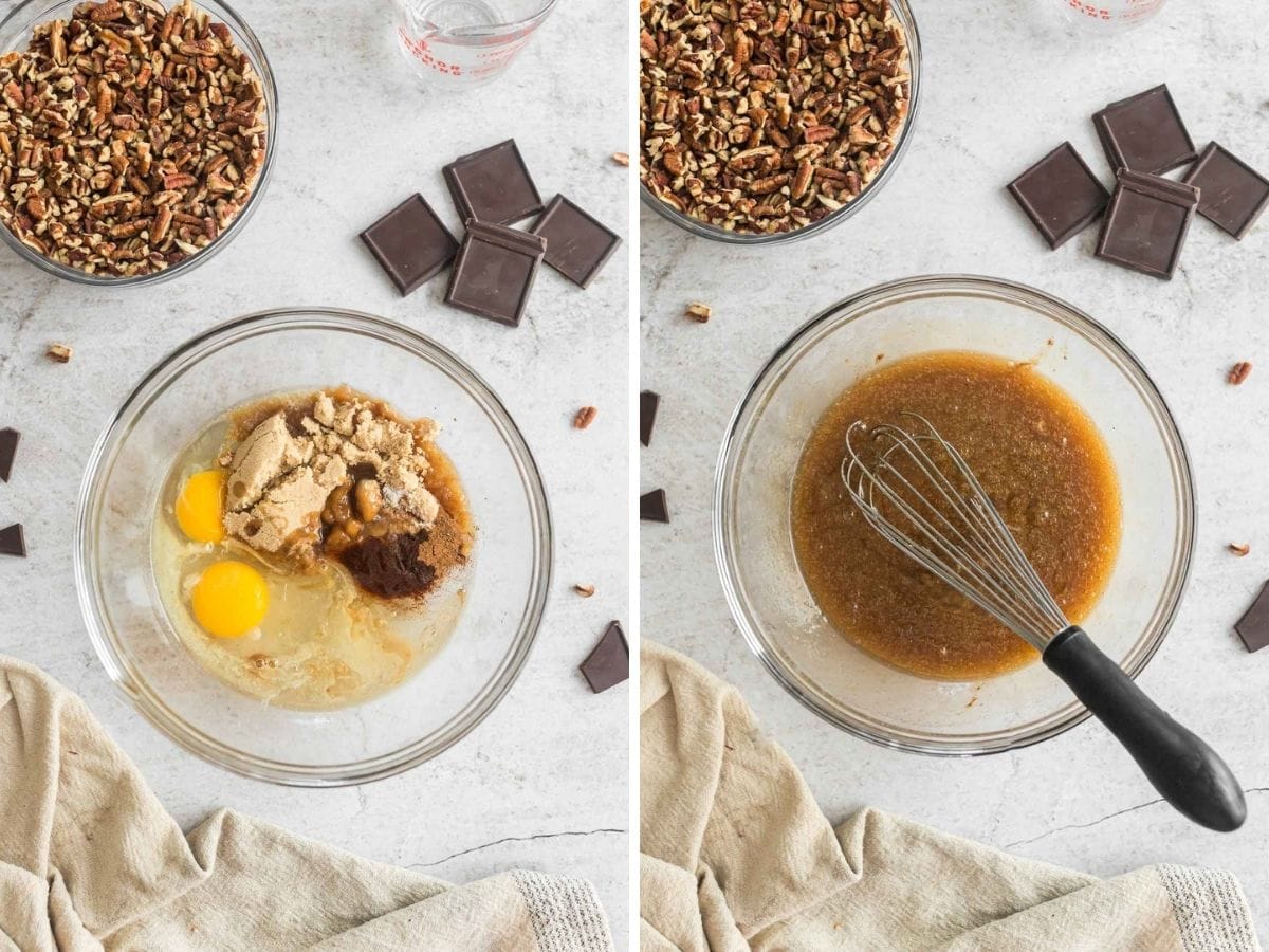 A collage image of a clear bowl, adding wet and ingredients and whiskey together.