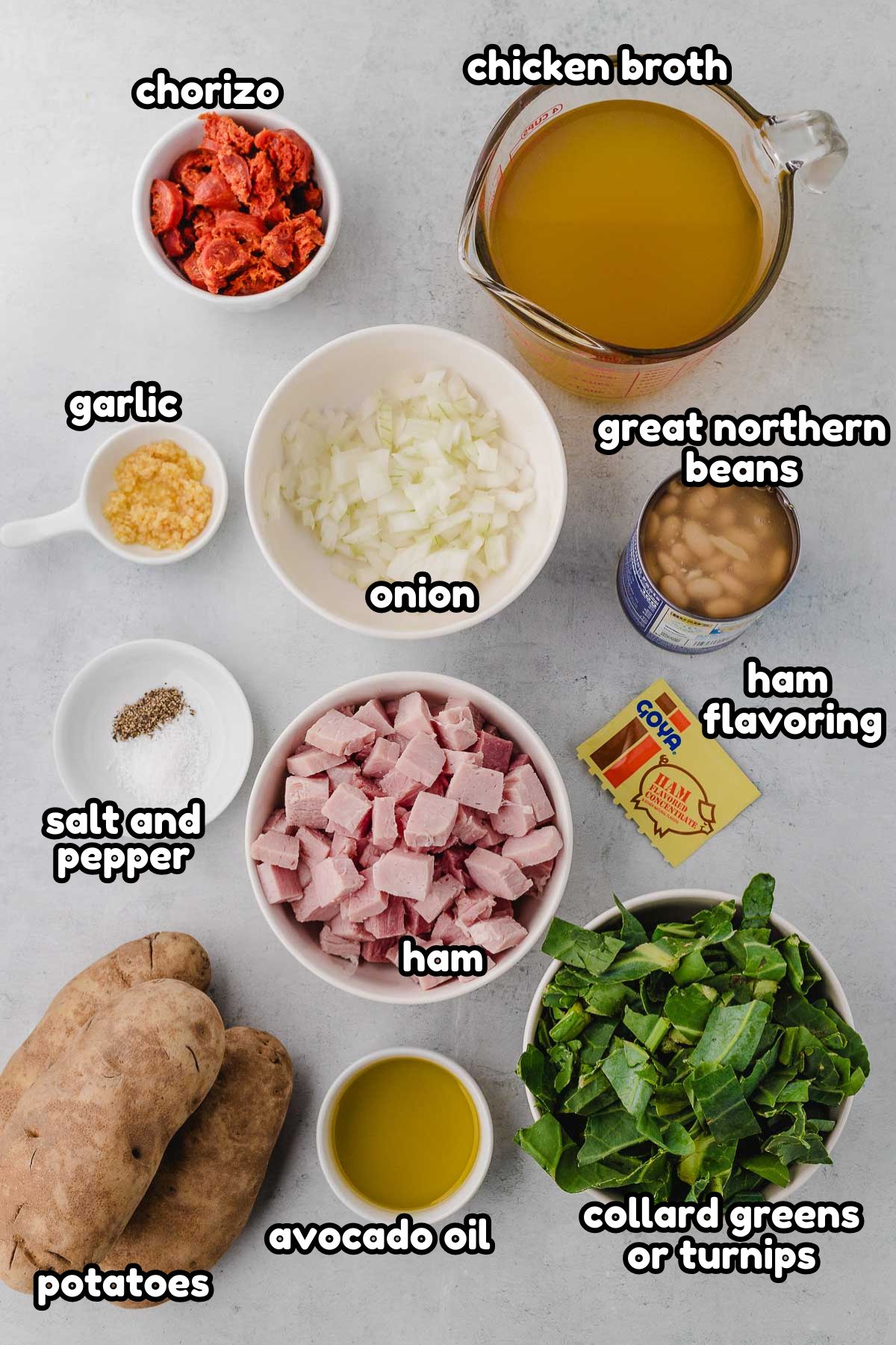 A labeled image of ingredients needed to make caldo galleo or collard green soup.