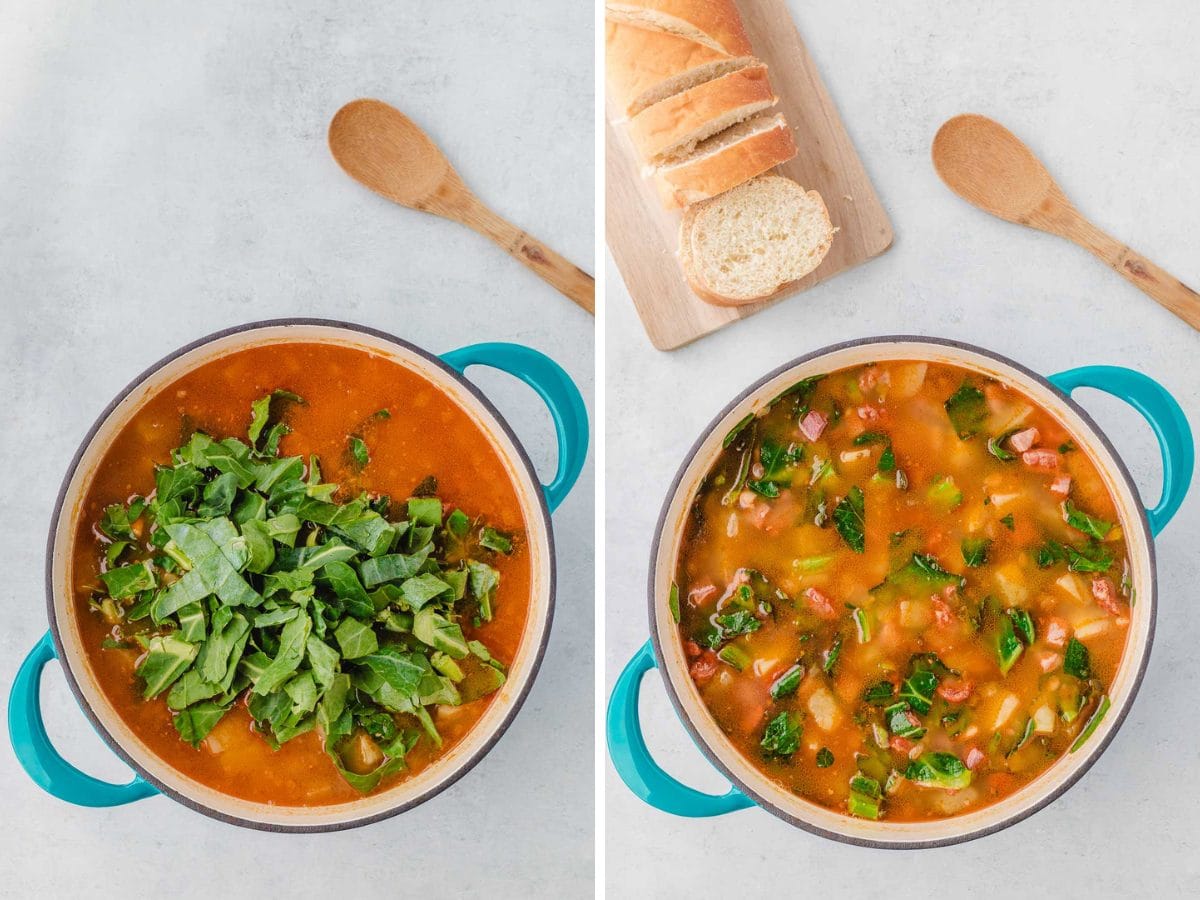 Collard greens added to soup and stirred together.