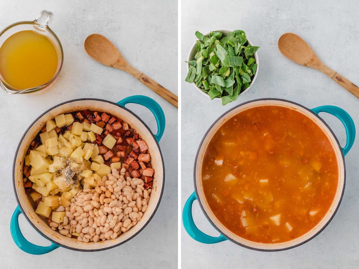 Veggies and broth added to a soup pot and stirred to combine.