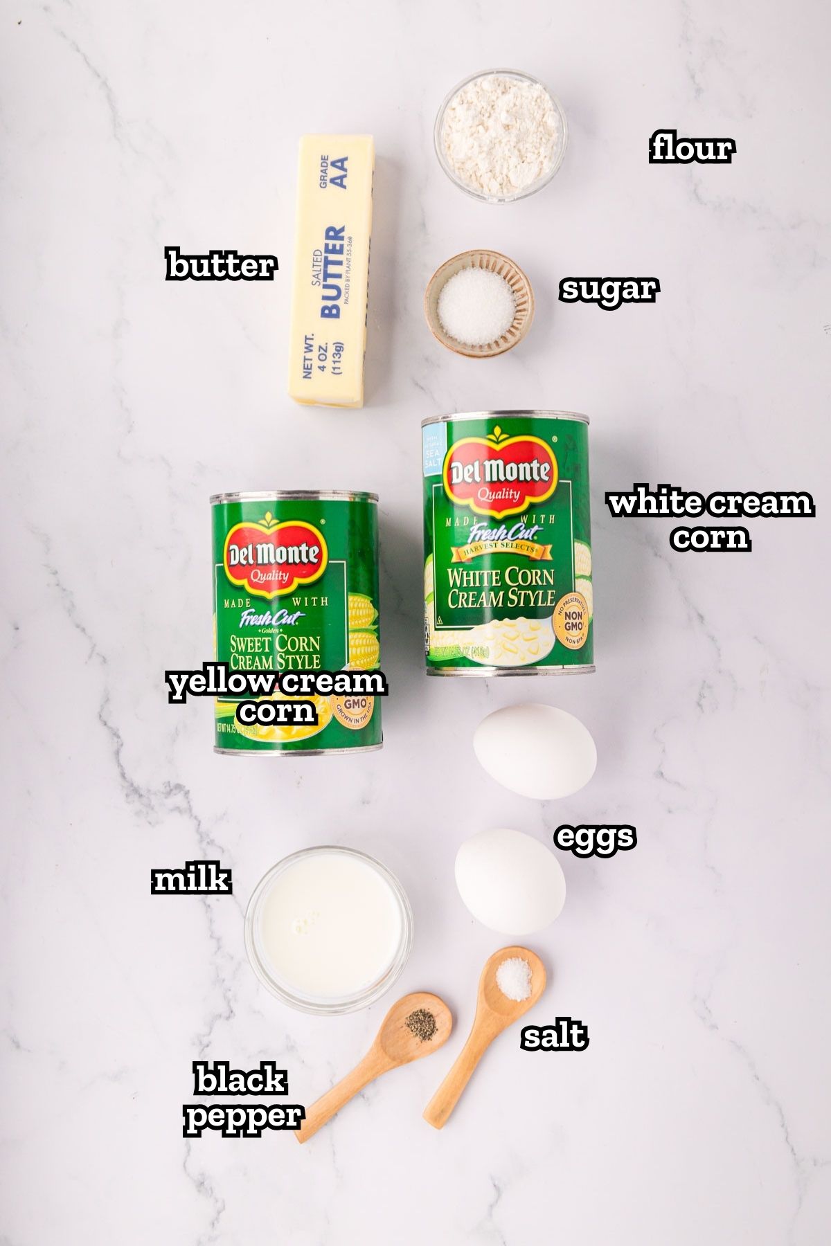 A labeled image of ingredients needed to make cream corn casserole.