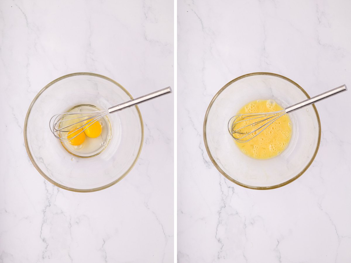 Two eggs added to a clear bowl and whisk together until beaten.