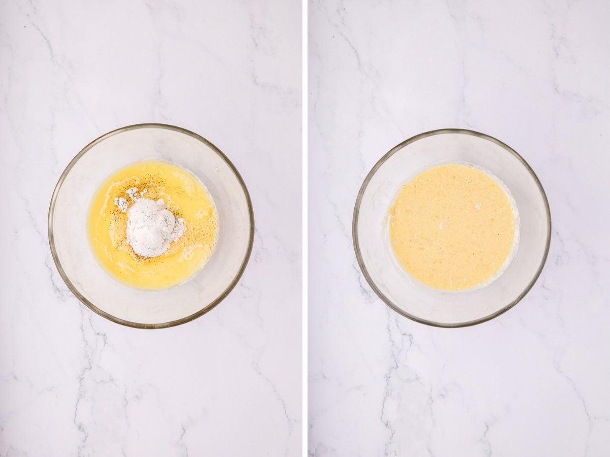 Flour and seasonings added to the beat eggs in a glass bowl and stirred together.