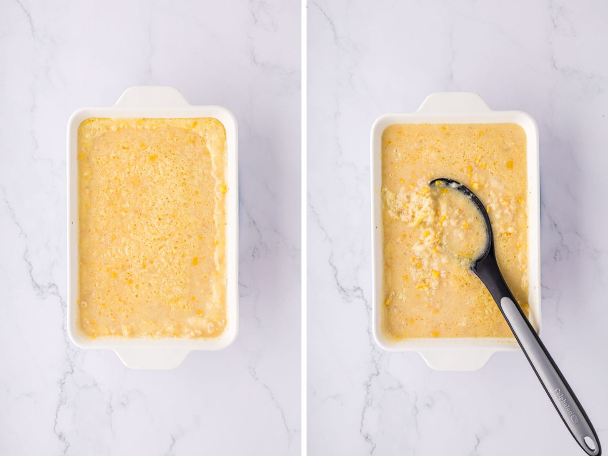 The creamed corn casserole after being baked for 20 minutes, then removed from the oven and stirred, then placed back in the oven.