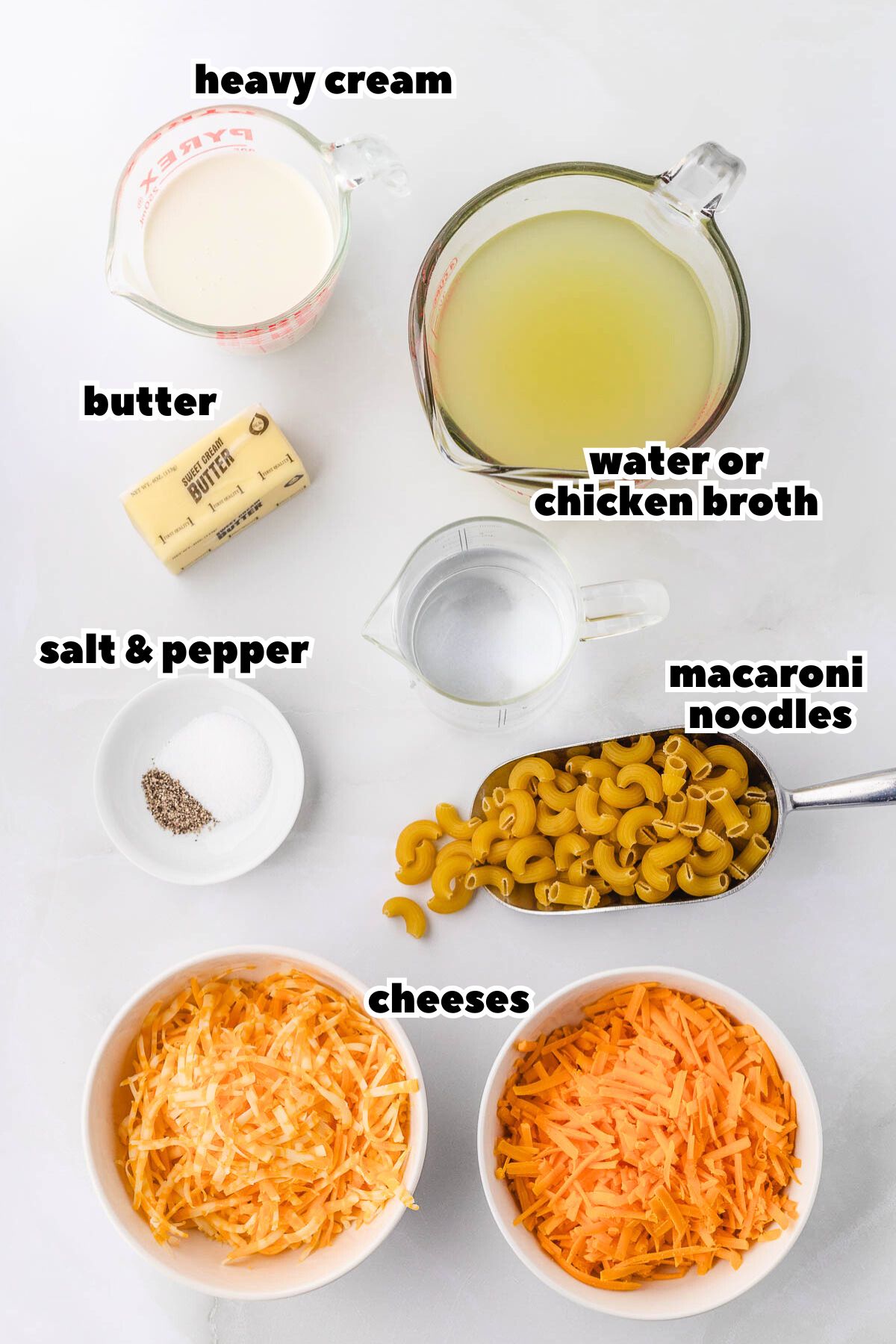 A labeled image of ingredients needed to make macaroni and cheese in the instant pot pot.