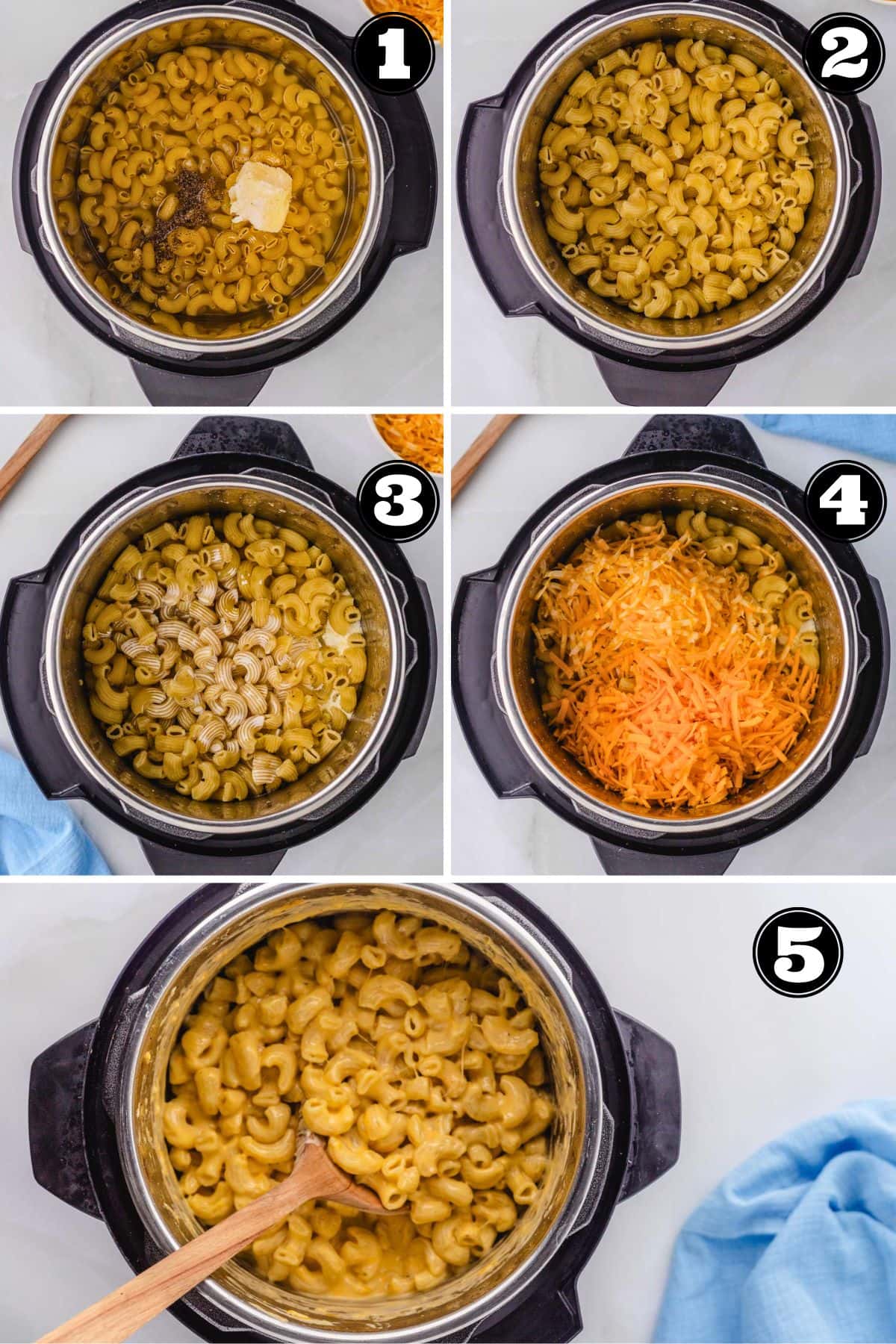 A six image collage showing steps needed to make instant pot macaroni and cheese.