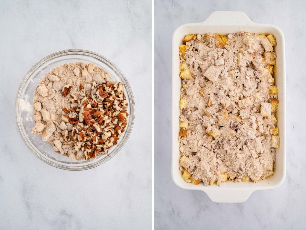 Side by side prep photos. Ingredients for the topping in a bowl on the left side and the topping added to the casserole in the right side.