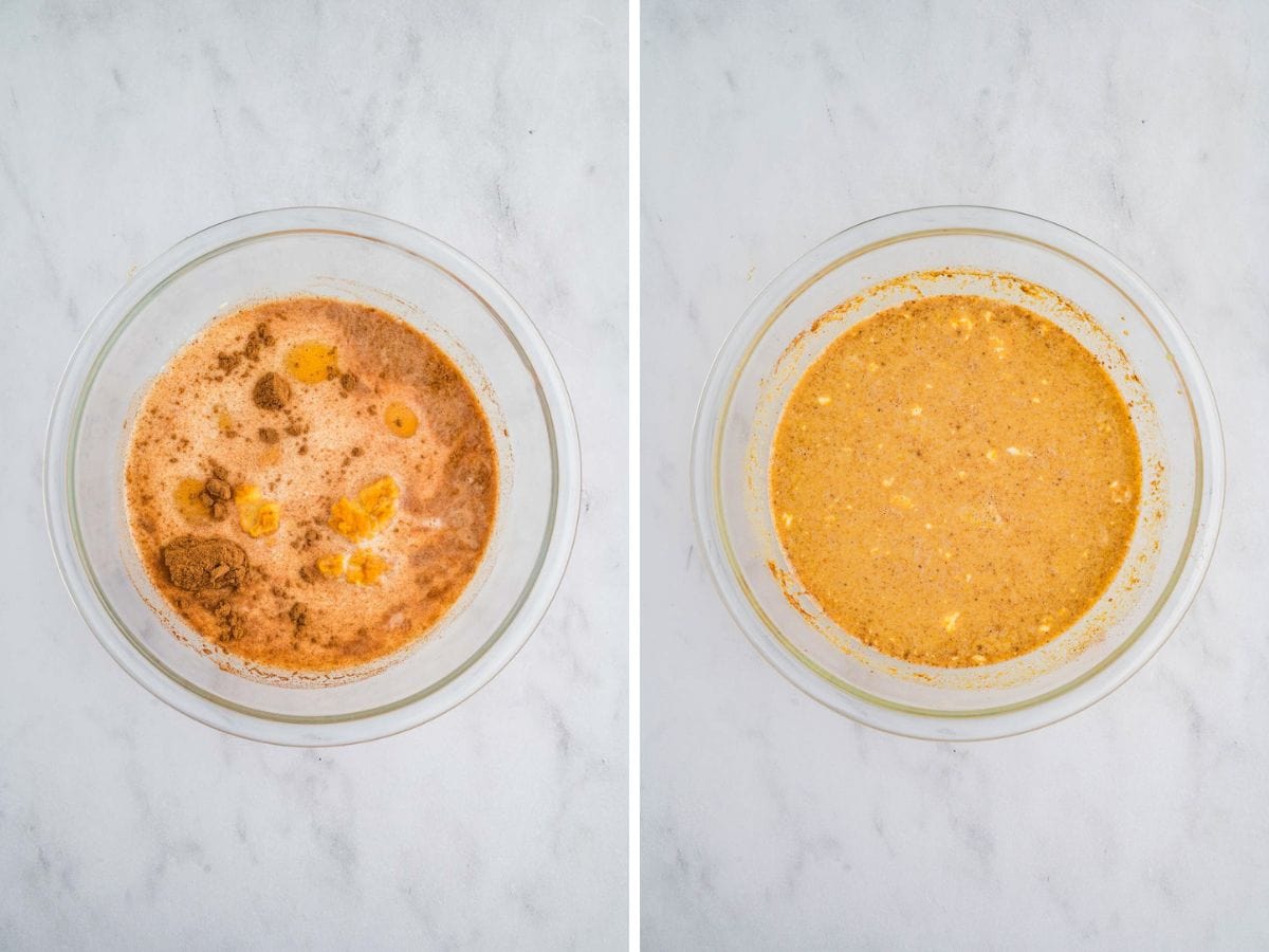 Side by side photos of egg mixture for pumpkin french toast casserole before and after whisking.