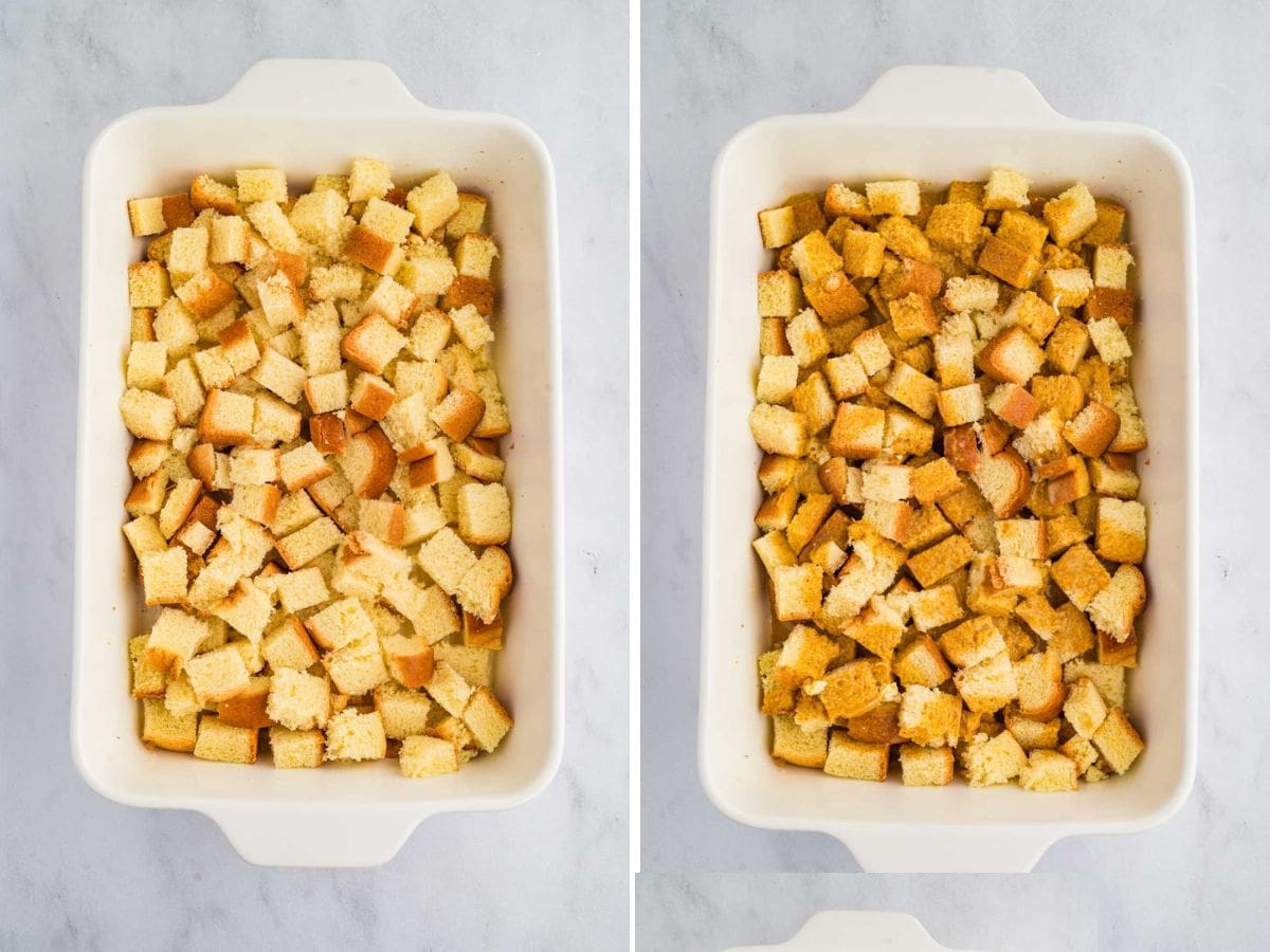 Side by side photos of bread cubes in a baking dish next to the bread cubes being coated in an egg mixture.