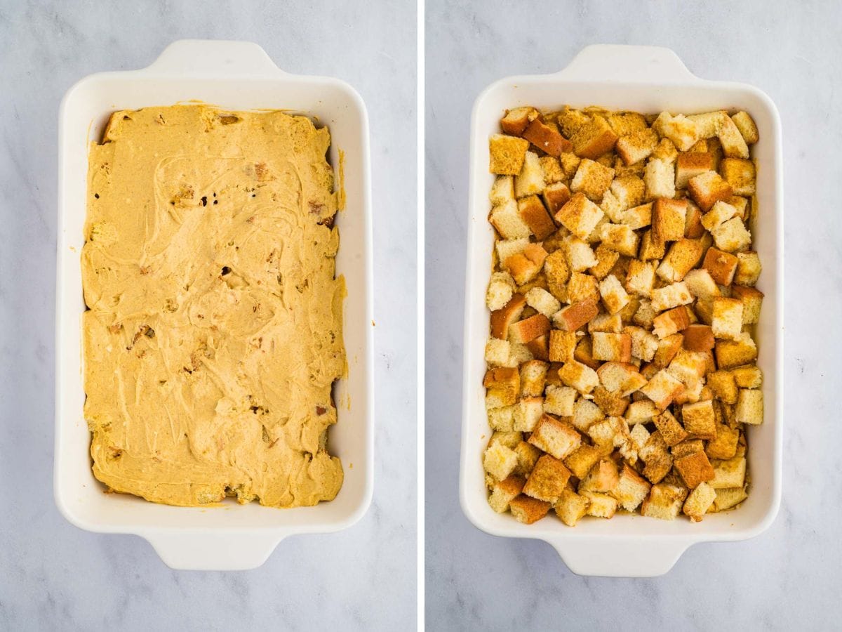 Side by side photos of pumpkin cream cheese on top of bread in a baking dish and more bread being put on top.