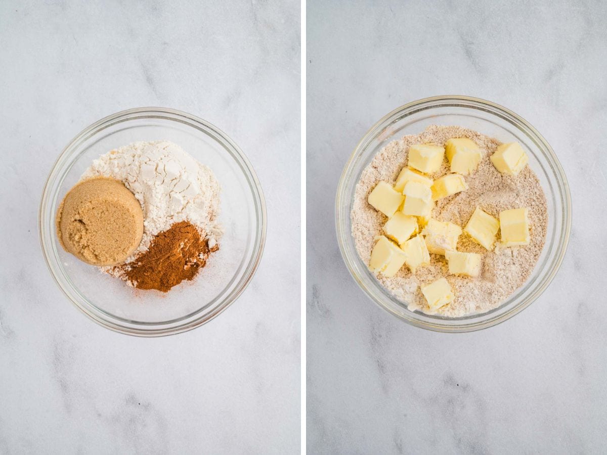 Side by side photos of creating the pumpkin french toast streusel topping in a bowl.