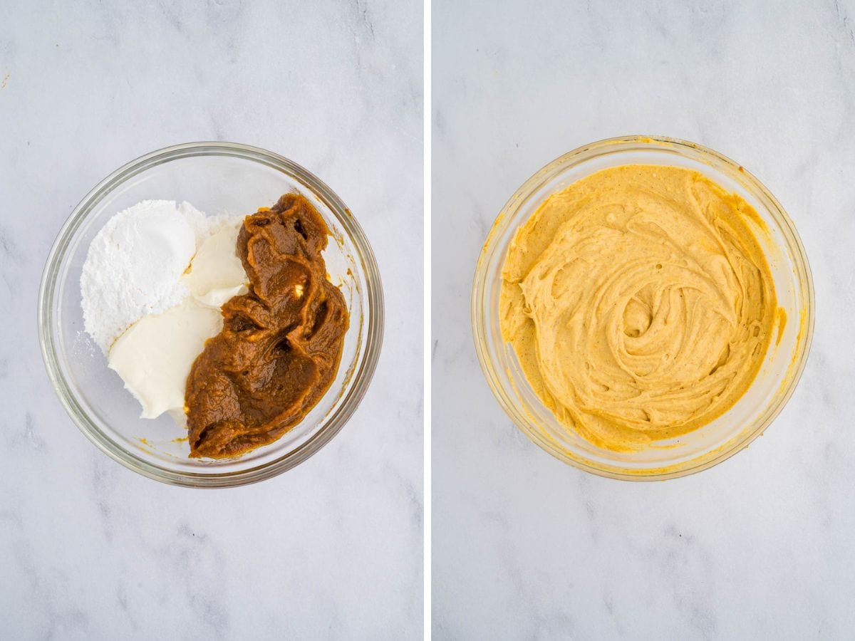 Side by side photos of mixing the ingredients needed for pumpkin cream cheese.