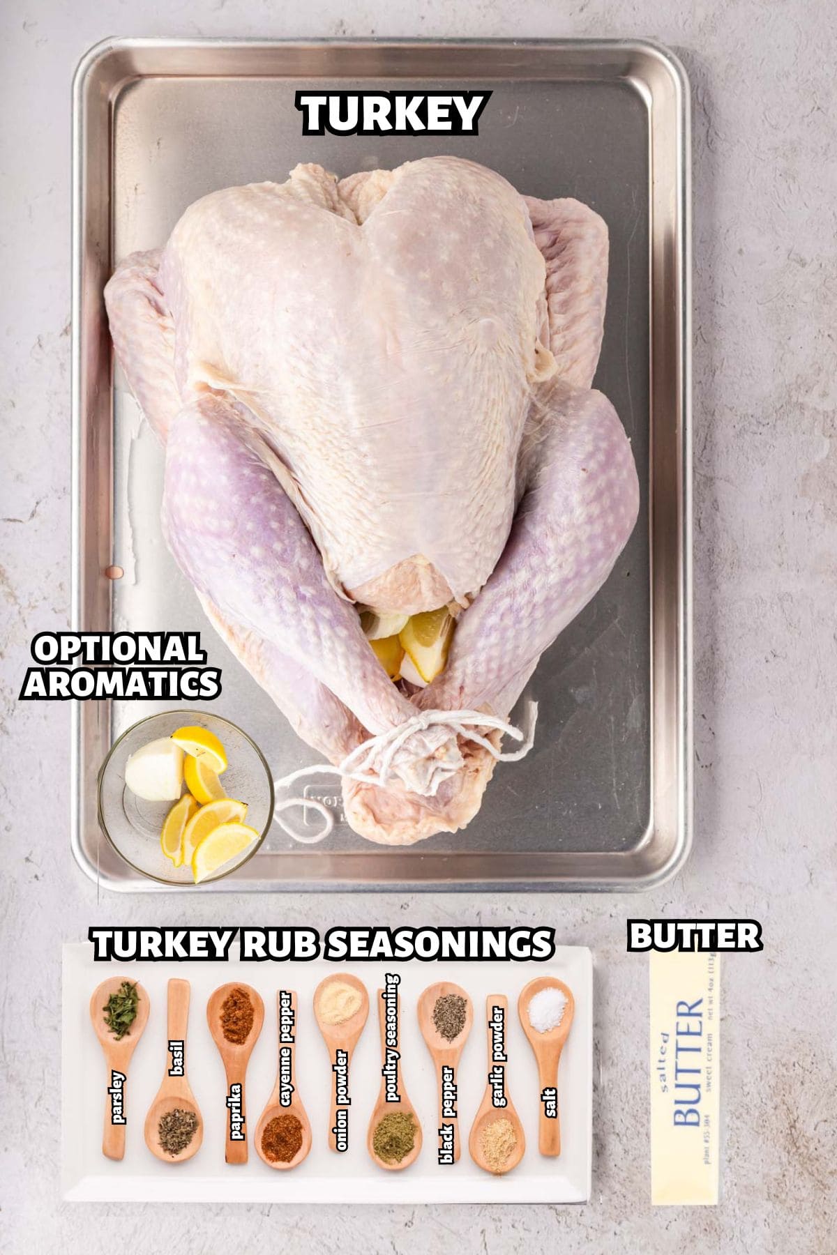 Labeled image of ingredients needed to make a seasoned roasted turkey.