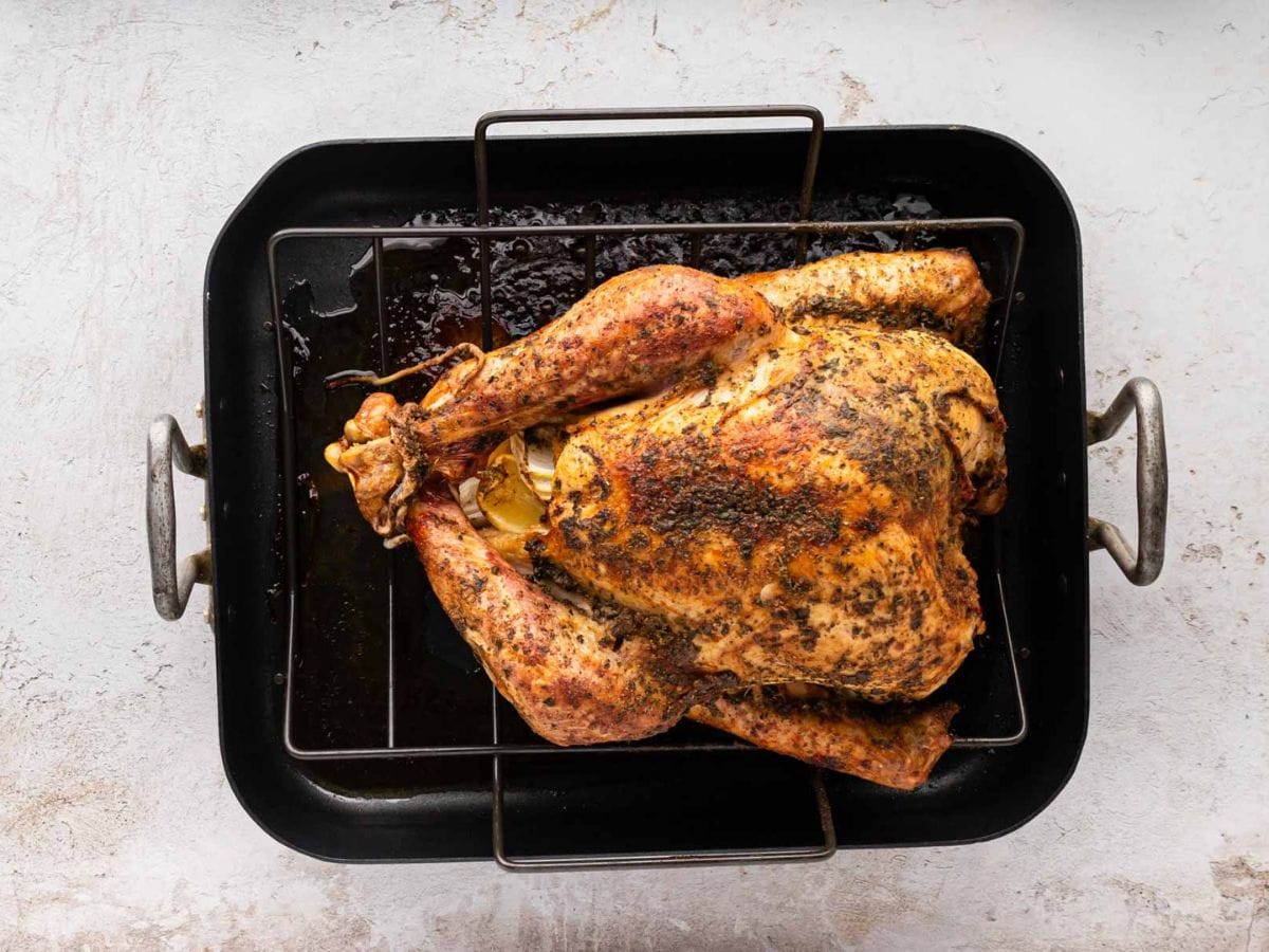 Seasoned baked turkey on a roasting pan.