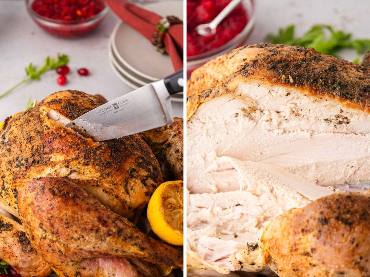 A two collage image showing turkey being sliced with a knife and the the juicy breast meat within the whole turkey.