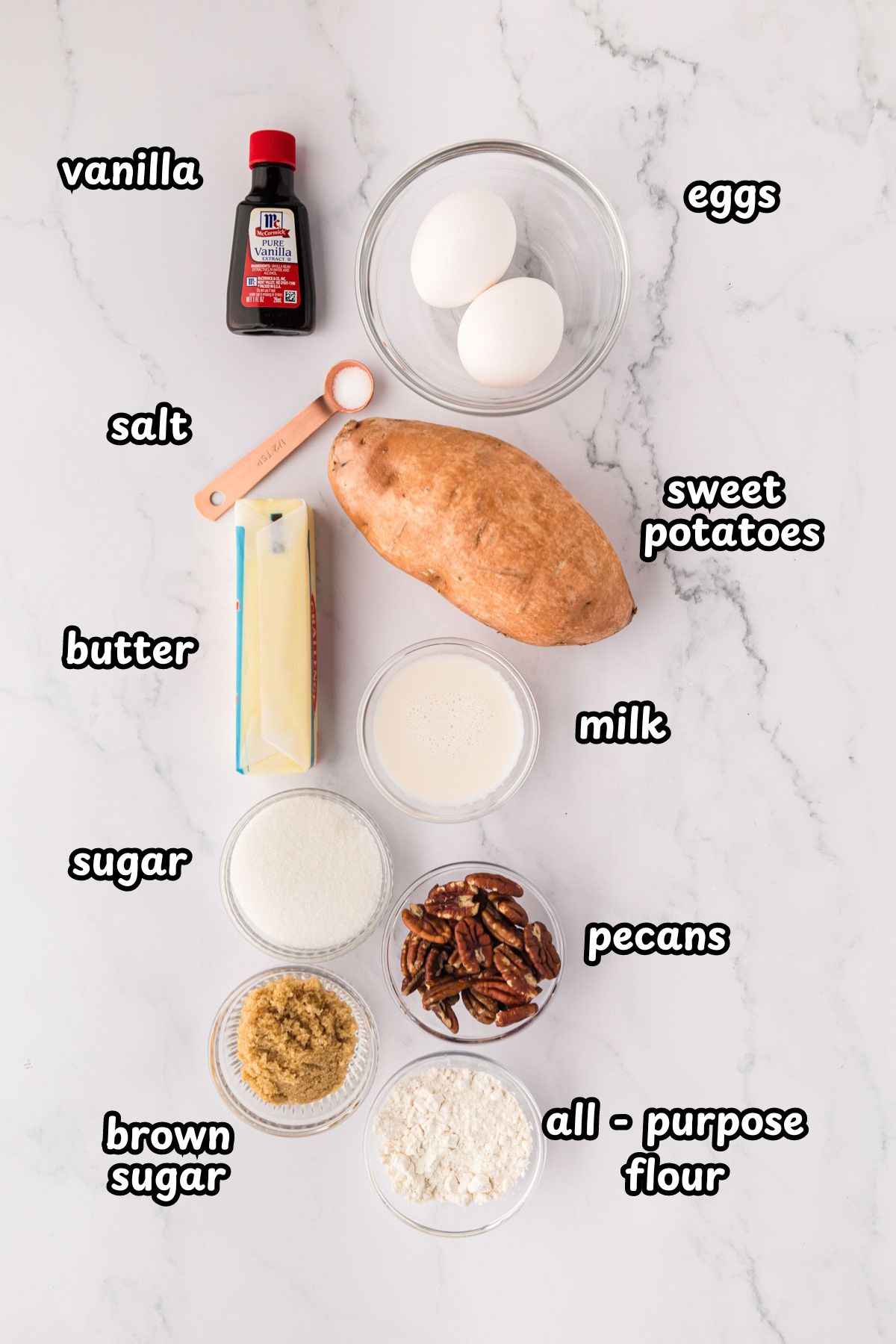 A labeled image of all the ingredients needed to make sweet potato casserole with pecan topping.