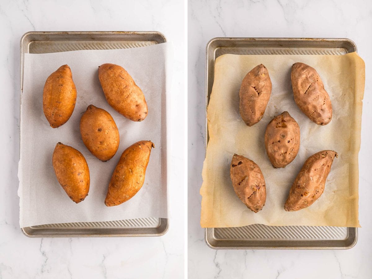 Sweet potatoes placed on a lined baking sheet and poked holes into the potatoes, then baked.