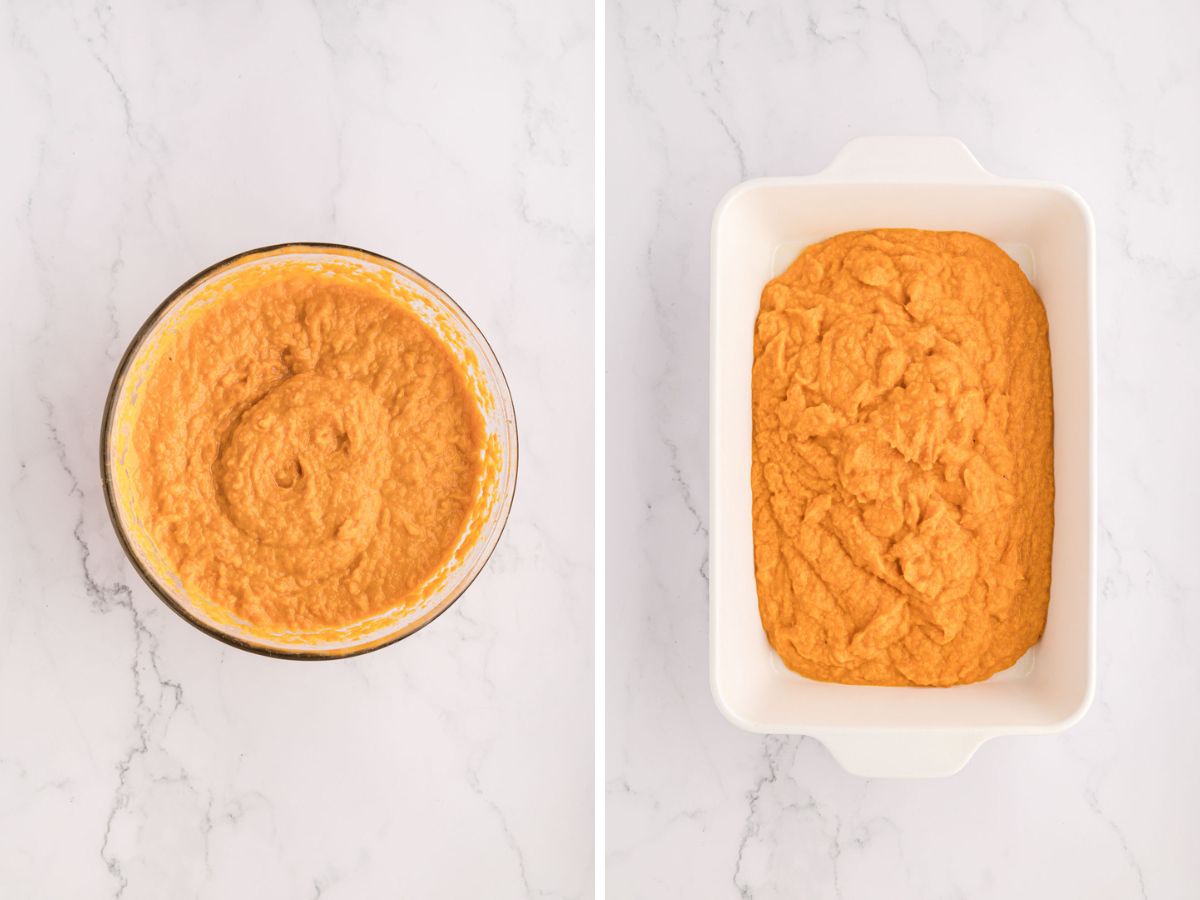 Sweet potatoes, mashed and a bowl and then poured into a casserole dish and spread out evenly.