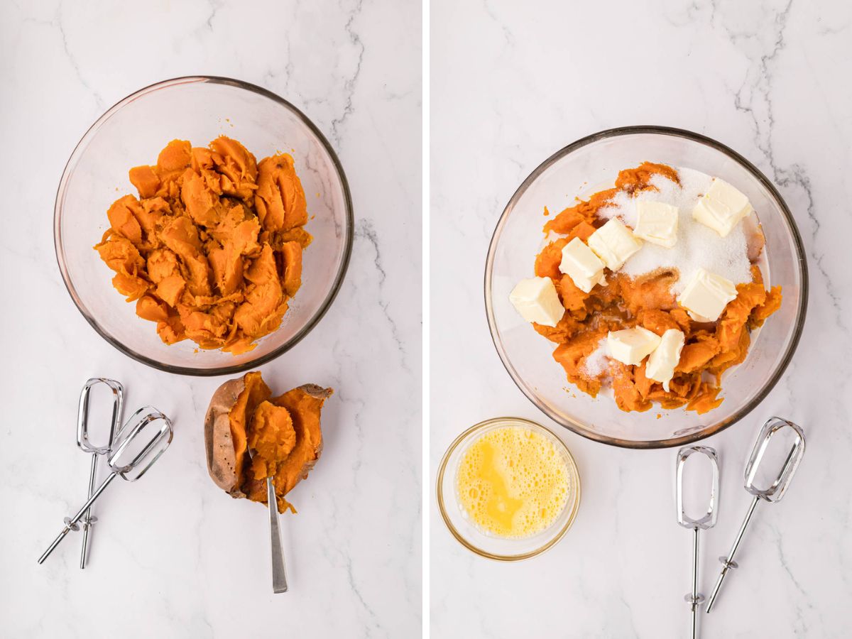 The flesh of a sweet potato removed and added to a bowl, then adding butter and granulated sugar to the bowl.