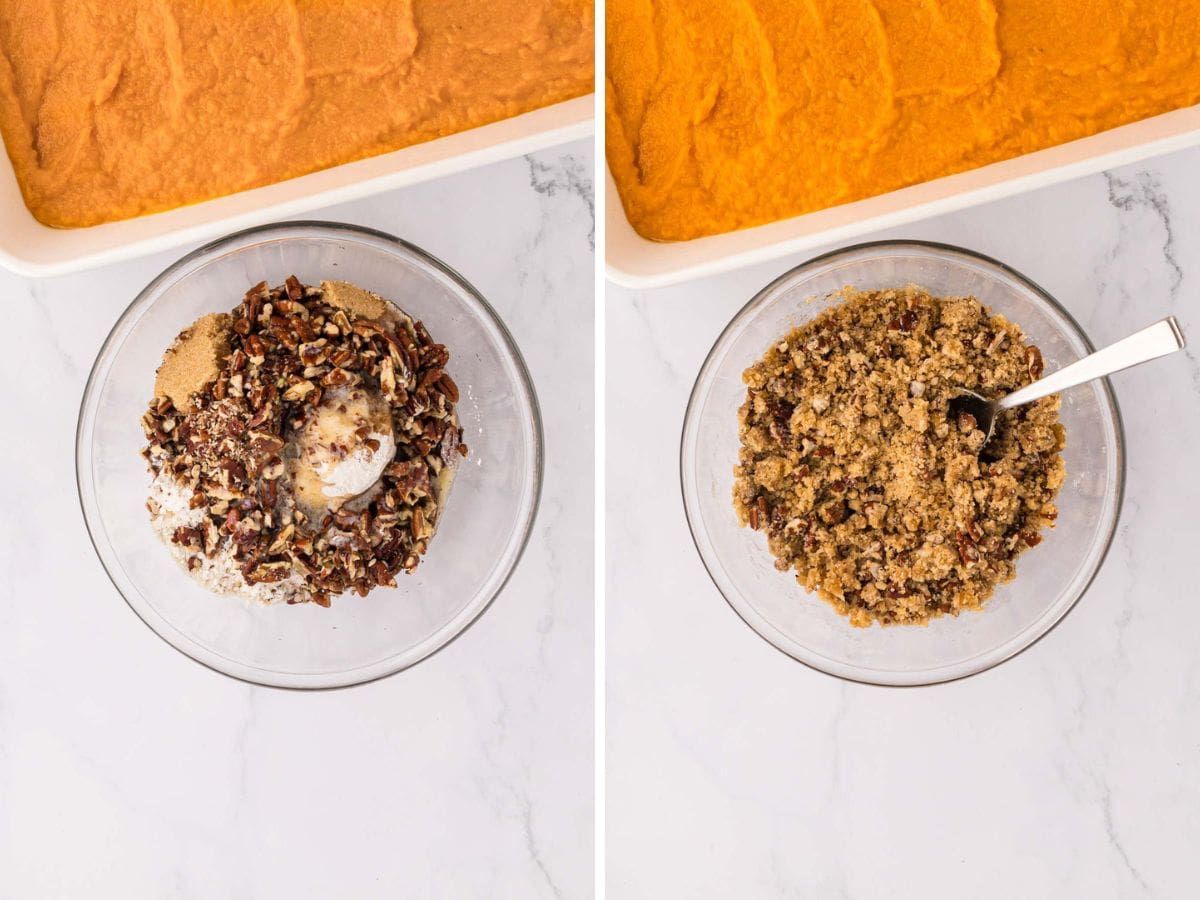 A clear glass bowl with pecans, butter, flour, and brown sugar, and then mix to make crumble topping.